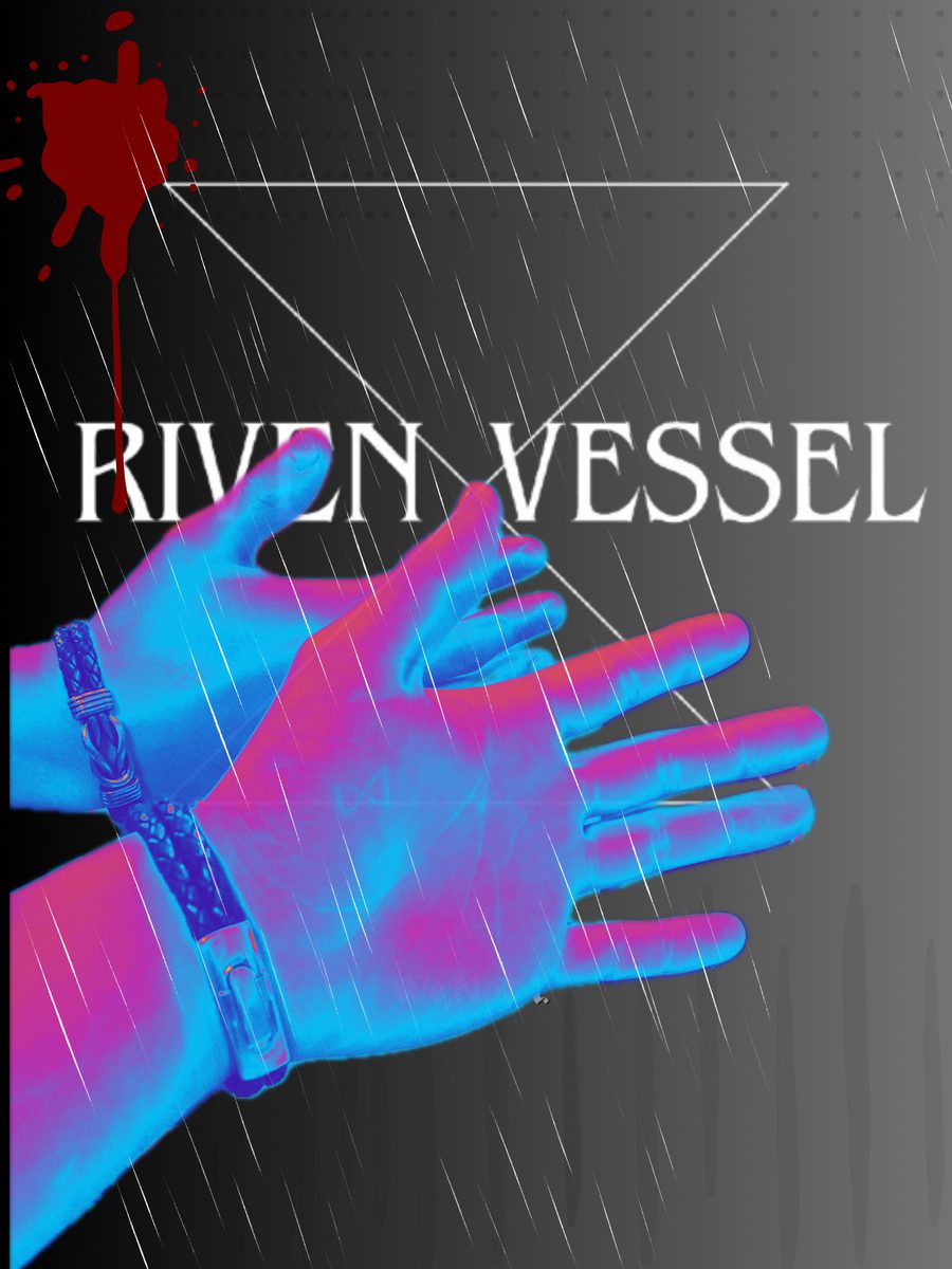 Riven Vessel band poster: gothic R mark and red-eyed creature